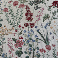 Thumbnail for Detailed view of floral jacquard fabric showing intricate woven flowers and foliage in rich colors on a cream background.