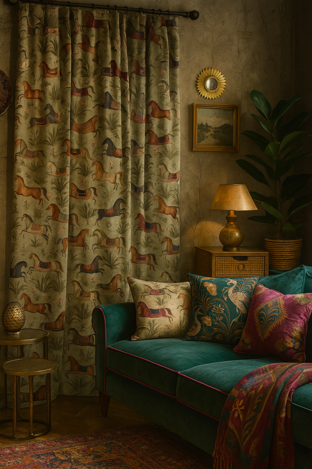 Eclectic living room featuring curtains and cushions made from Arabian horses print cotton fabric, with vintage décor and rich jewel-tone accents