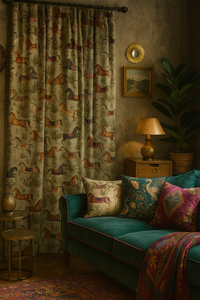 Thumbnail for Eclectic living room featuring curtains and cushions made from Arabian horses print cotton fabric, with vintage décor and rich jewel-tone accents