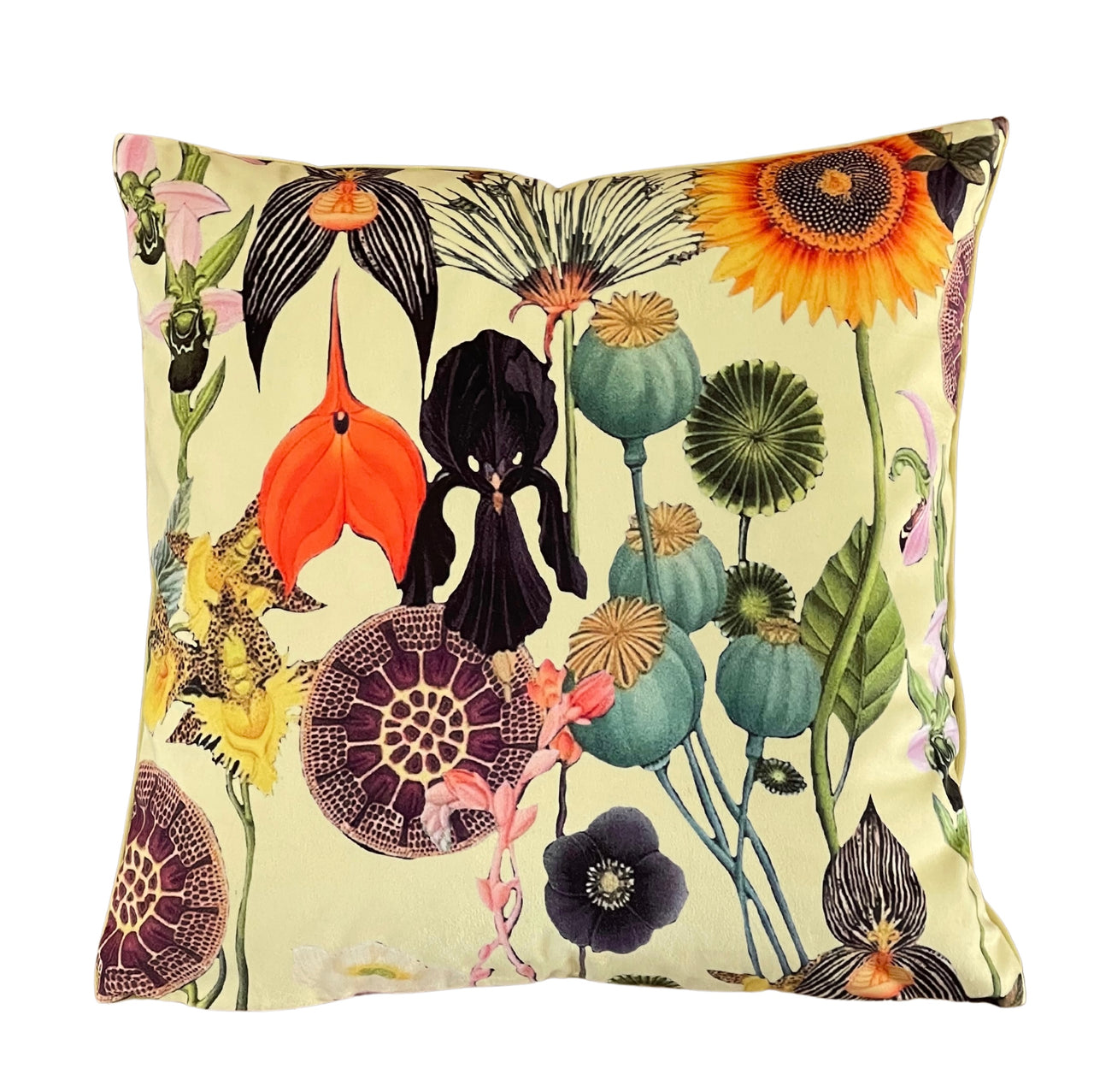 Vintage Yellow Velvet Cushion Cover with Poppies and Sunflowers - Art Deco Botanical Design