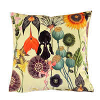 Thumbnail for Vintage Yellow Velvet Cushion Cover with Poppies and Sunflowers - Art Deco Botanical Design