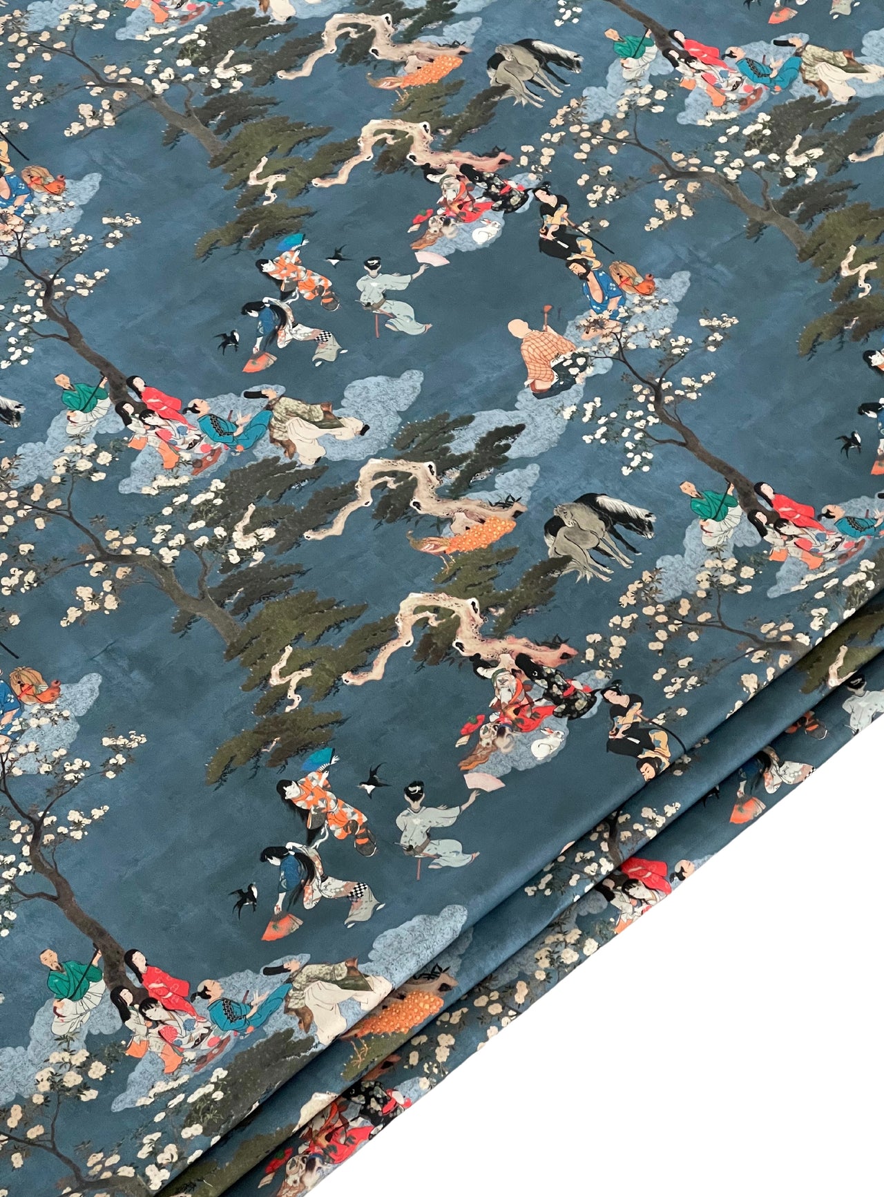 Cherry Blossom Geisha and Samurai Fabric - Japanese Blue Cotton for Oriental Home Decor