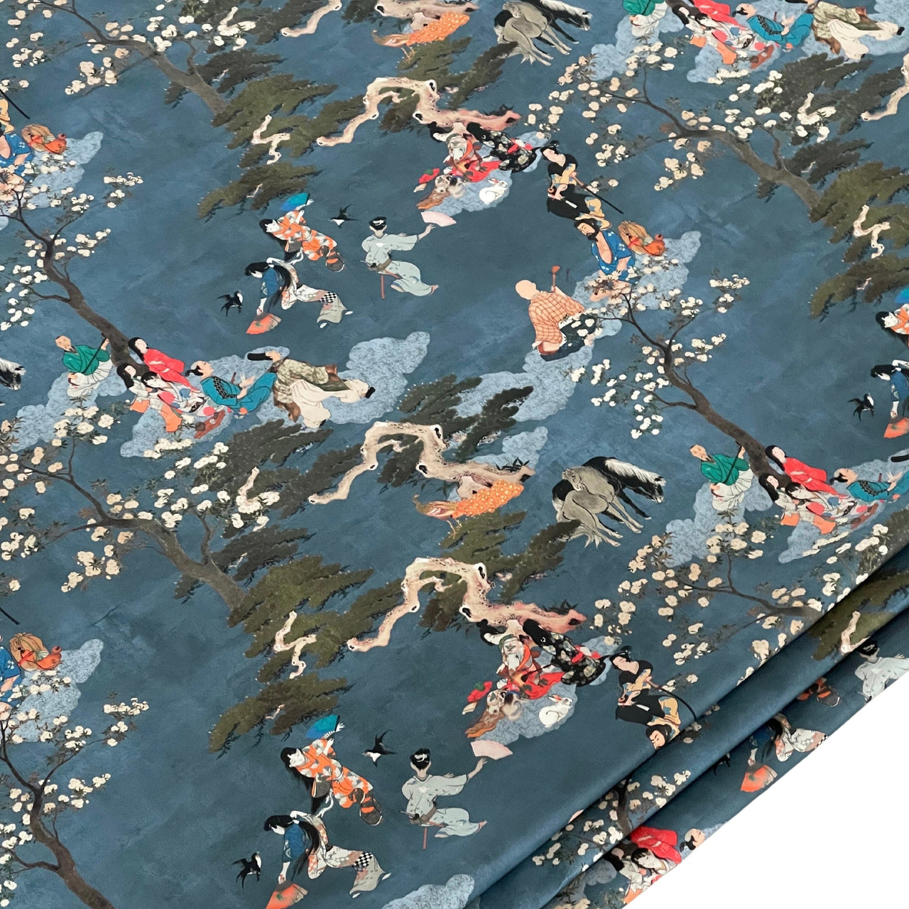 Cherry Blossom Geisha and Samurai Fabric - Japanese Blue Cotton for Oriental Home Decor