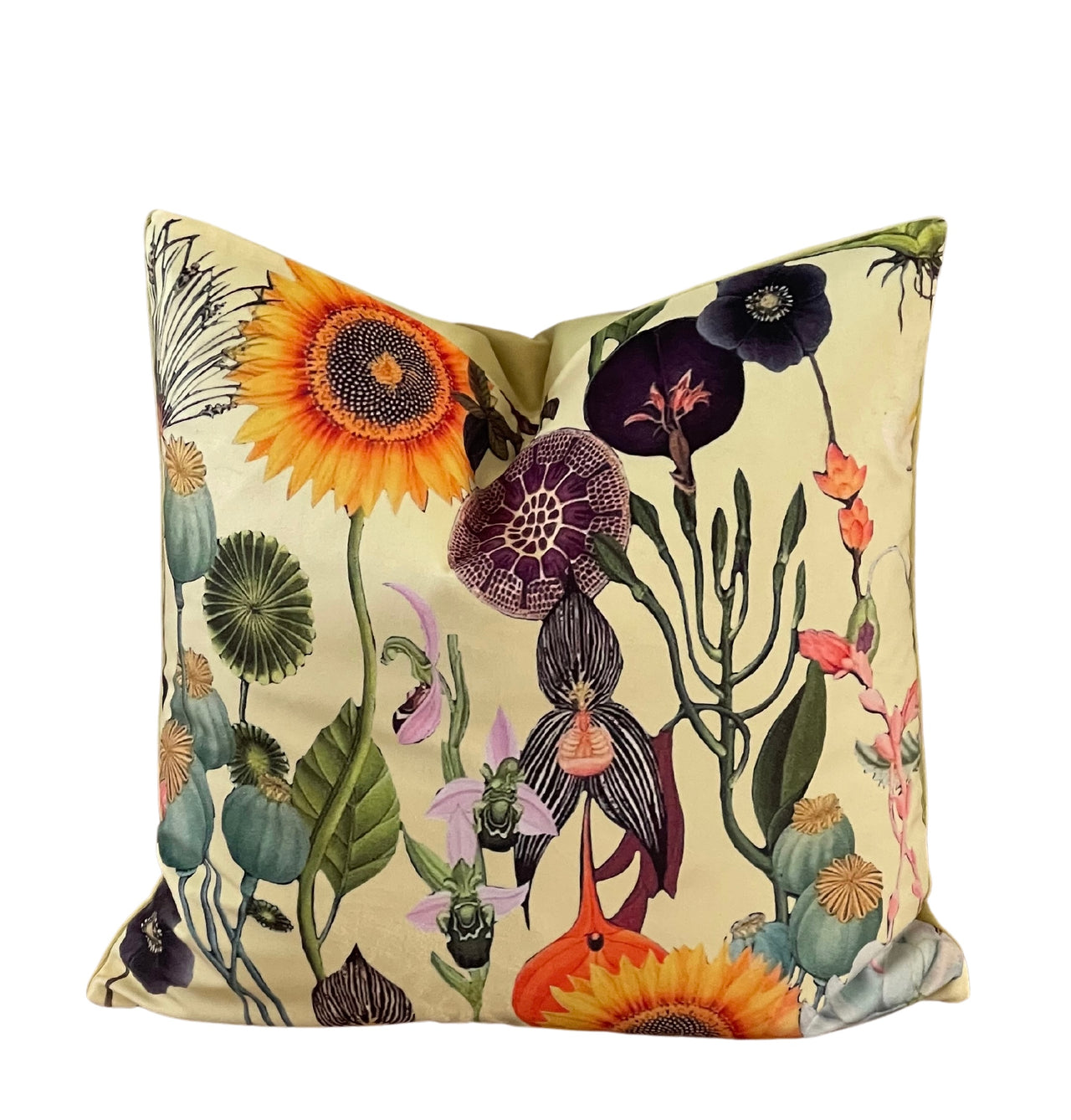 Vintage Yellow Velvet Cushion Cover with Poppies and Sunflowers - Art Deco Botanical Design