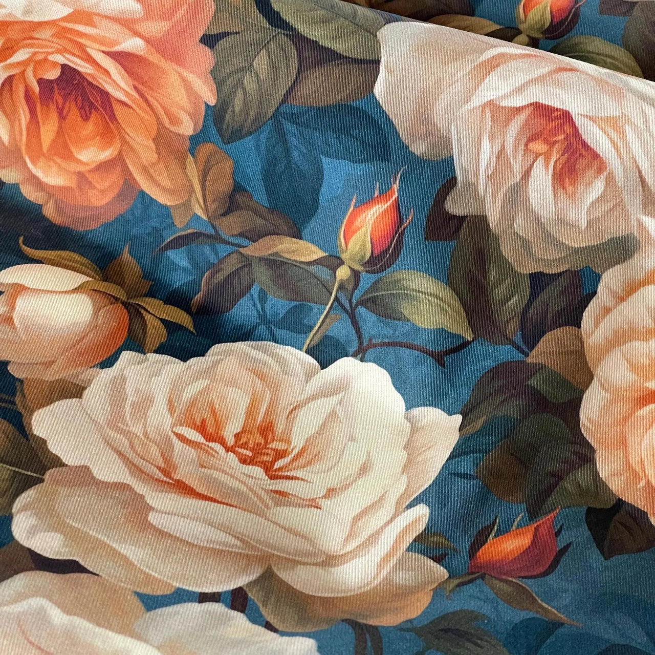 Vintage Rose Garden Fabric – Amber & Teal Floral Cotton for Curtains, Blinds & Upholstery