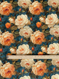 Thumbnail for High-quality printed cotton with classic floral design – warm rose tones set against an elegant deep teal base