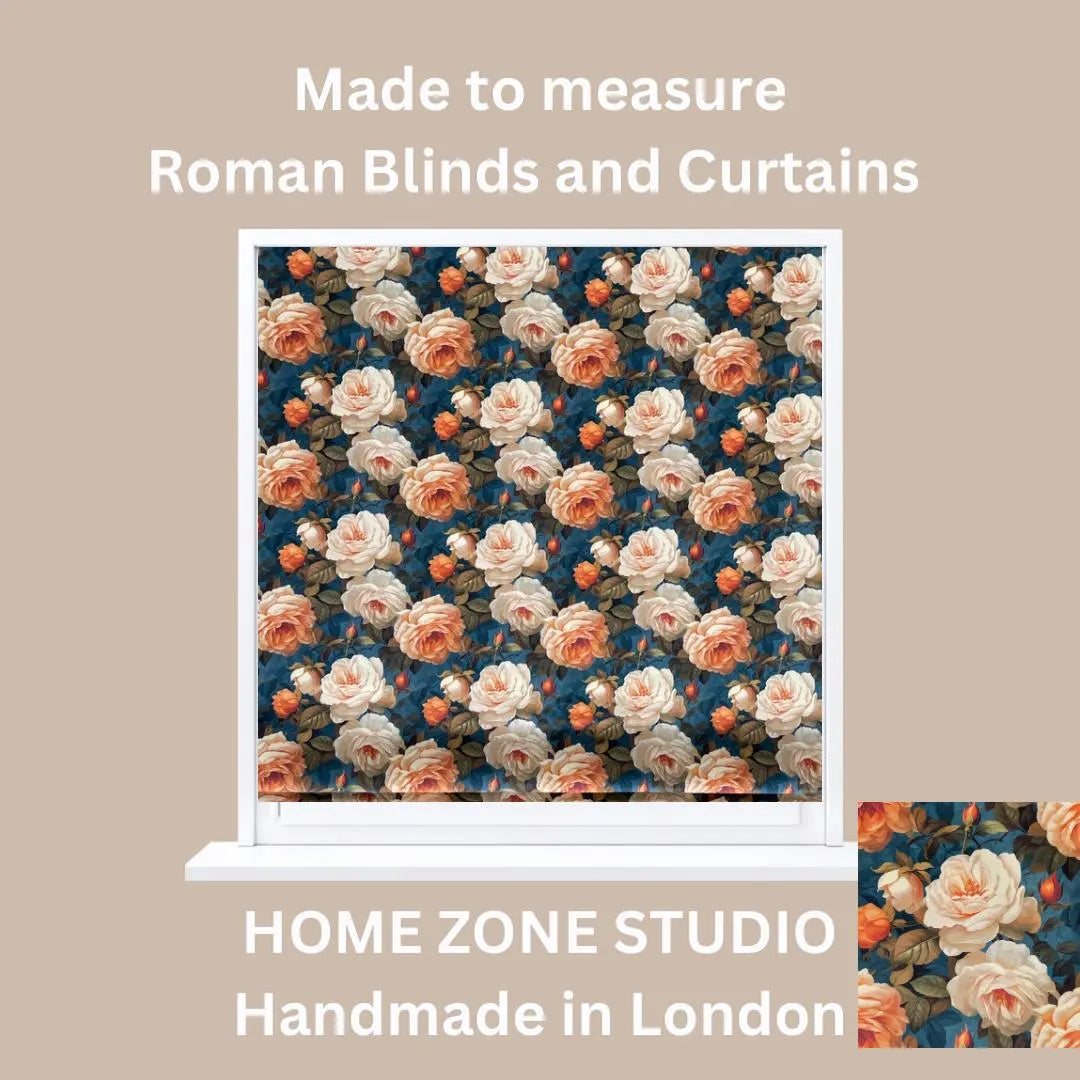 Handmade Roman blind example in amber rose fabric – floral textile with a country-inspired charm for window treatments.