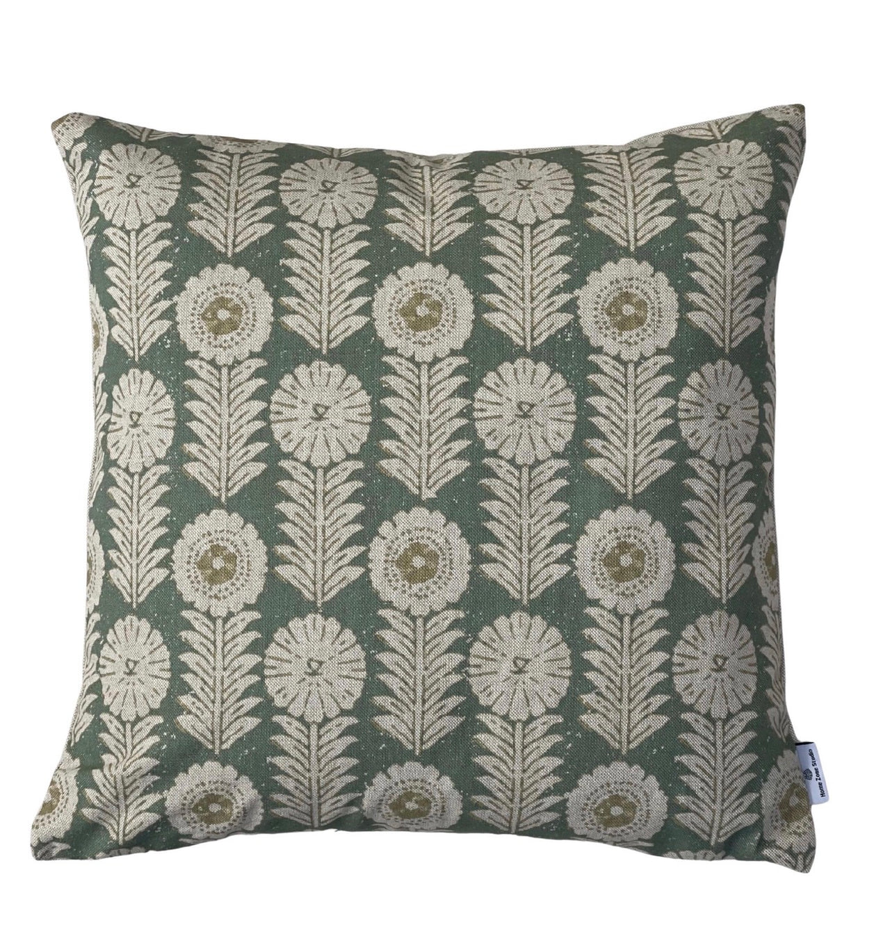 Apple green Nordic folk floral cushion cover with ivory botanical flowers and leaves on textured linen-look fabric