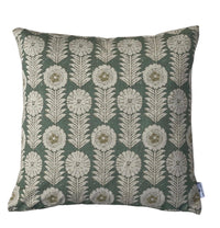 Thumbnail for Apple green Nordic folk floral cushion cover with ivory botanical flowers and leaves on textured linen-look fabric