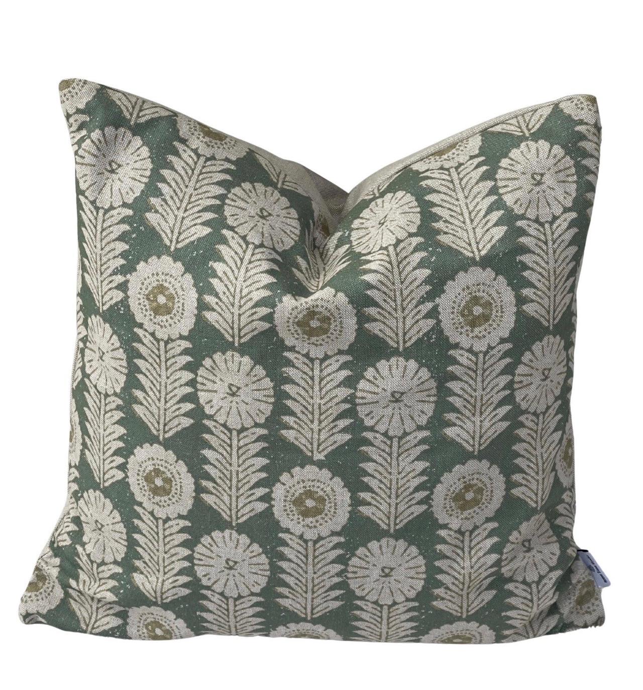 Apple Green Scandinavian Floral cushion cover with repeating ivory Nordic folk flowers on textured linen-look fabric