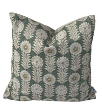 Thumbnail for Apple Green Scandinavian Floral cushion cover with repeating ivory Nordic folk flowers on textured linen-look fabric