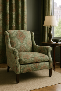 Thumbnail for Patterned armchair in a room with curtains and a lamp.