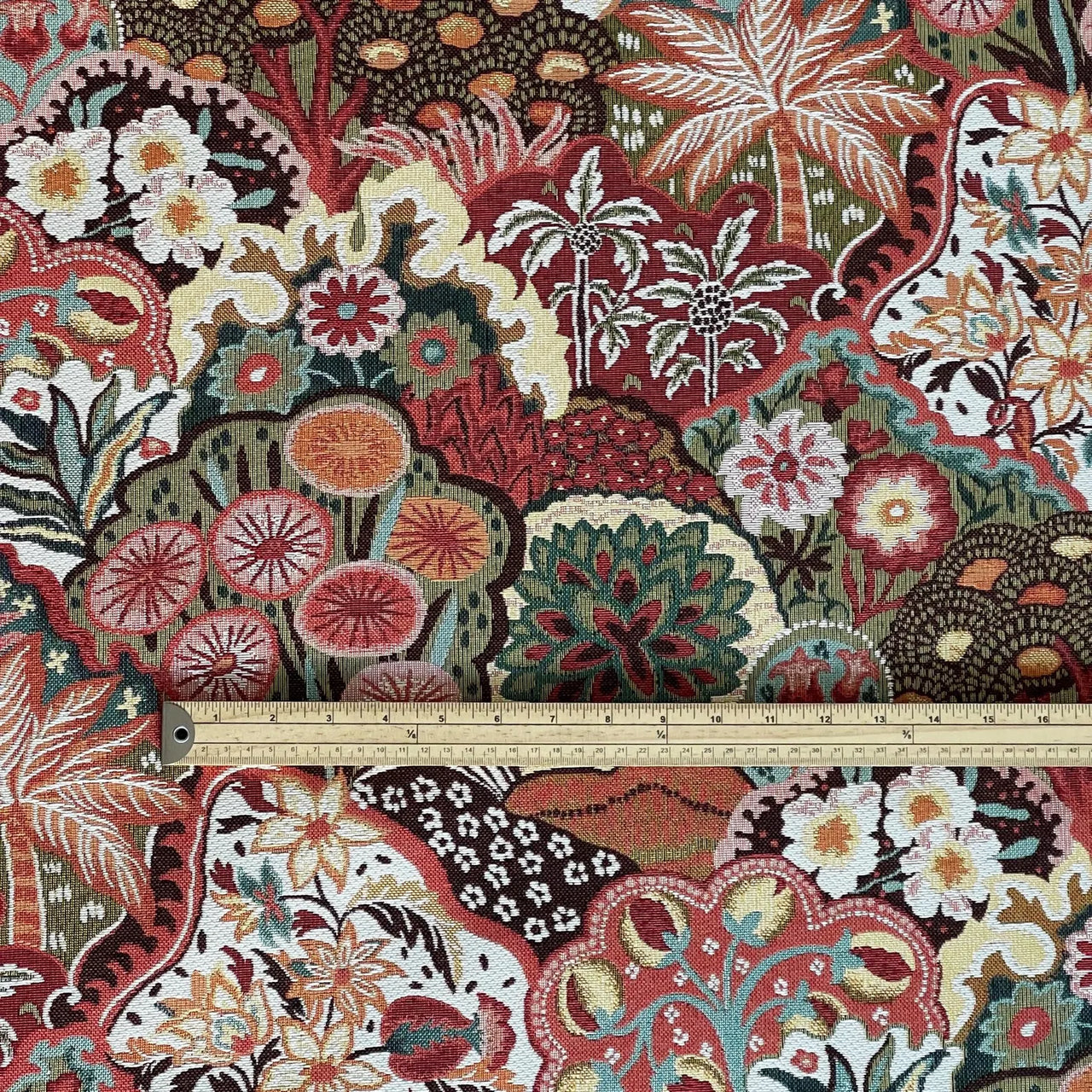 Vintage style woodland tapestry fabric with floral details