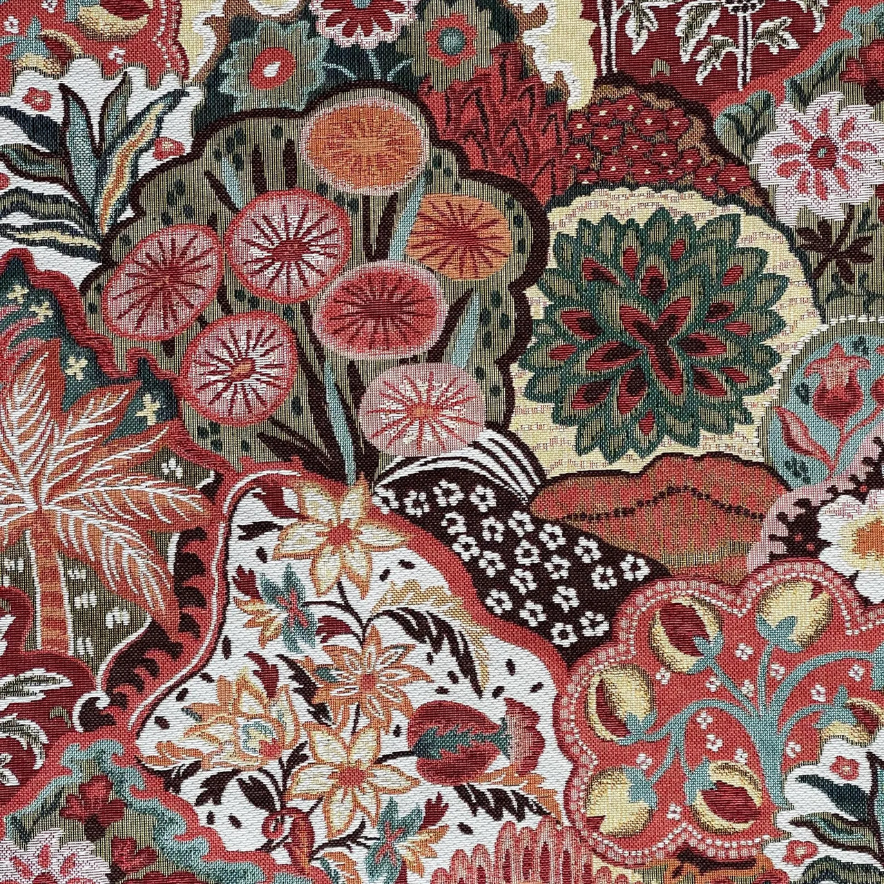 Multicolour botanical tapestry fabric with detailed woven texture
