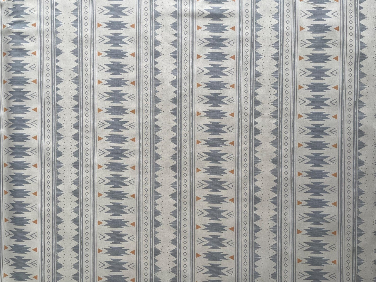 Blue grey Southwestern Aztec fabric with tribal geometric stripe linen look texture
