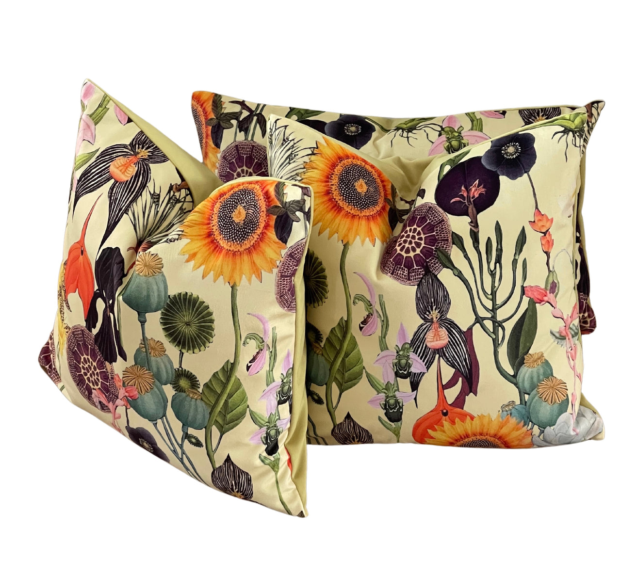 Vintage Yellow Velvet Cushion Cover with Poppies and Sunflowers - Art Deco Botanical Design