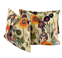 Thumbnail for Vintage Yellow Velvet Cushion Cover with Poppies and Sunflowers - Art Deco Botanical Design