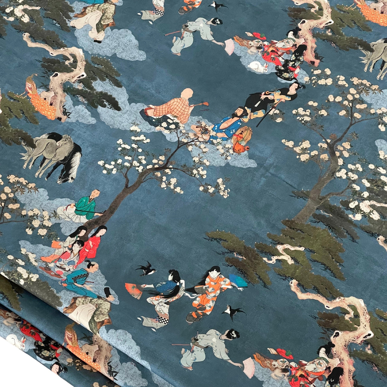 Cherry Blossom Geisha and Samurai Fabric - Japanese Blue Cotton for Oriental Home Decor