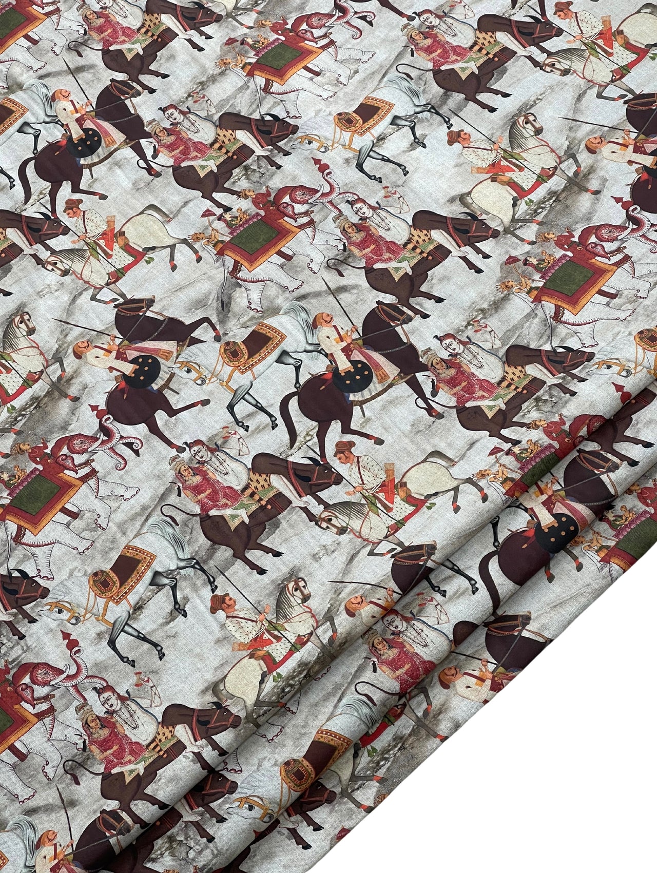 Beige Cotton Fabric with Indian Motif Caravans Horses, Bulls, Elephants  – Perfect for Upholstery and Home Decor