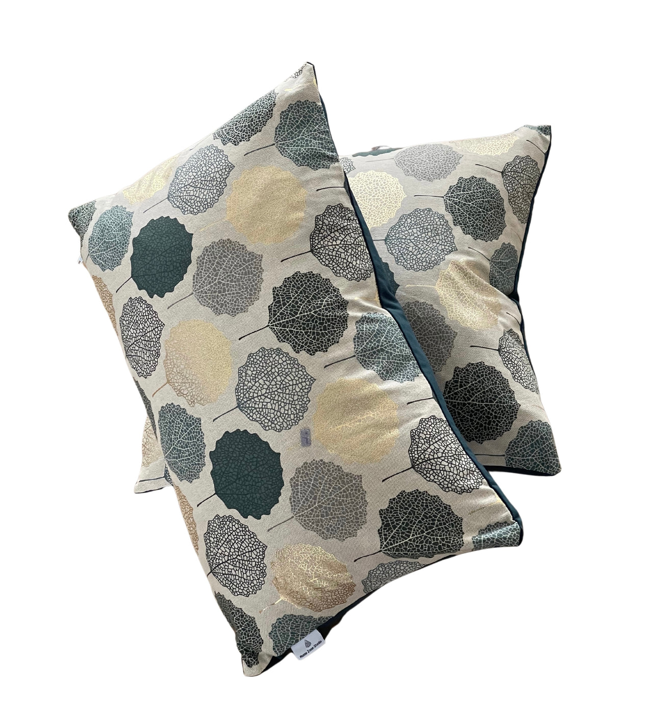 Teal Gold Grey Veins Leaf Cushion Cover - Nature-Inspired Scandi Geometric Pattern