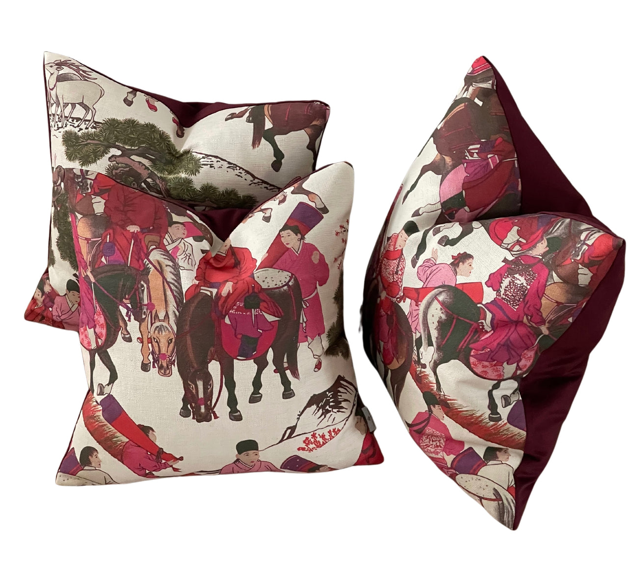 Mongolian Horsemen Oriental Cushion Covers – Red and Pink Outfits with Trees and Animals Design