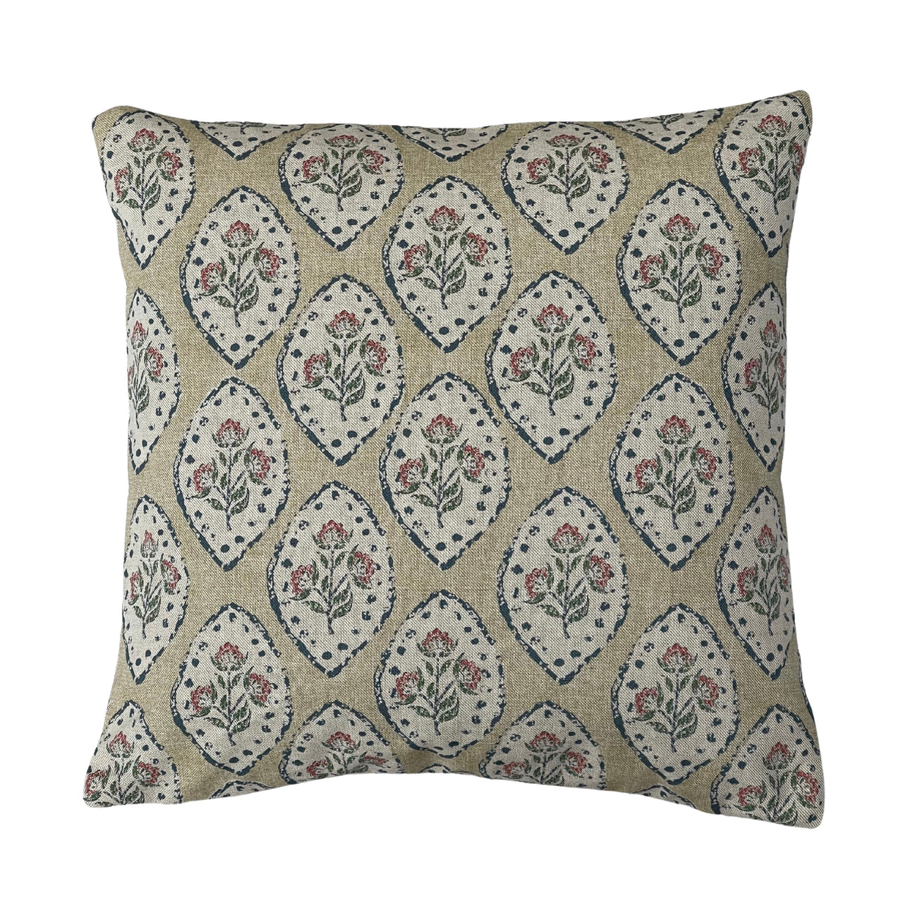 Handmade beige block-print inspired cushion cover with ivory floral medallions and muted red wildflowers on textured fabric.
 Copy