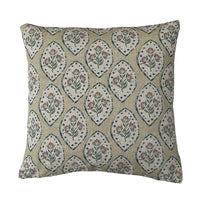 Thumbnail for Handmade beige block-print inspired cushion cover with ivory floral medallions and muted red wildflowers on textured fabric.
 Copy