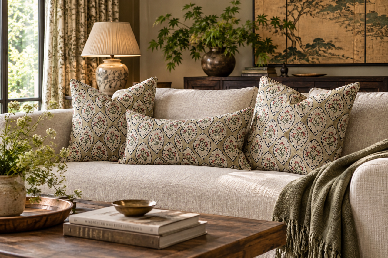 Three beige floral medallion cushions, two square and one rectangular, styled on a cream sofa in a country cottage living room.