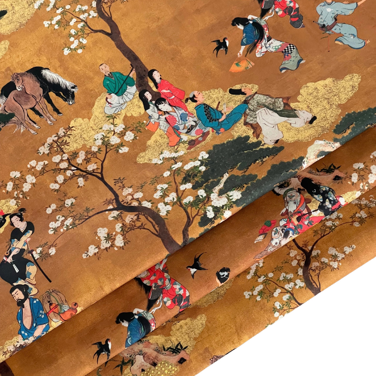 Cherry Blossom Geisha and Samurai Fabric - Japanese  Golden Yellow Cotton for Oriental Home Decor