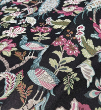 Thumbnail for Fabric with floral and peacock pattern on a black background