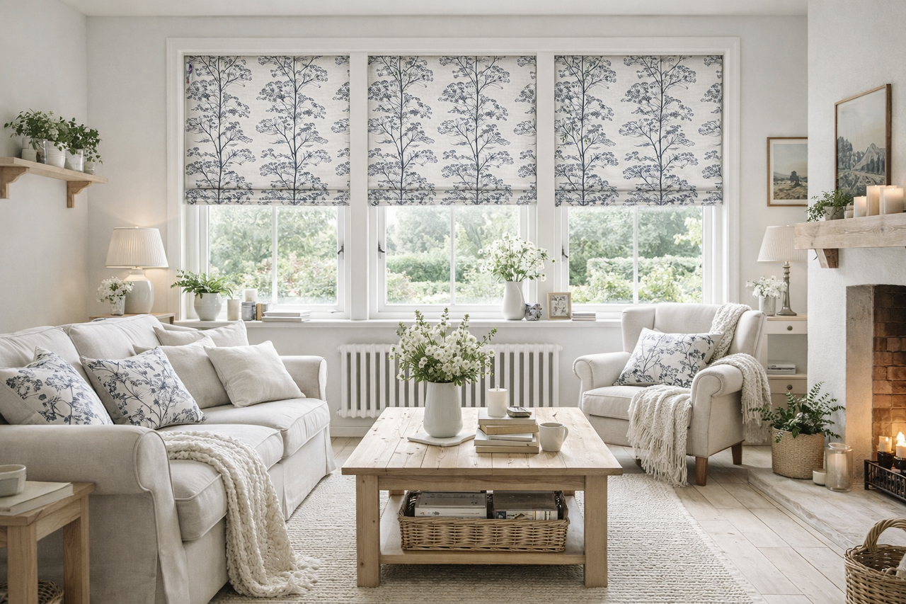 Modern country living room with Roman blinds and cushions made from indigo cow parsley fabric