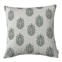 Thumbnail for Blue botanical cushion cover with repeating folk floral medallion motifs on a neutral textured background