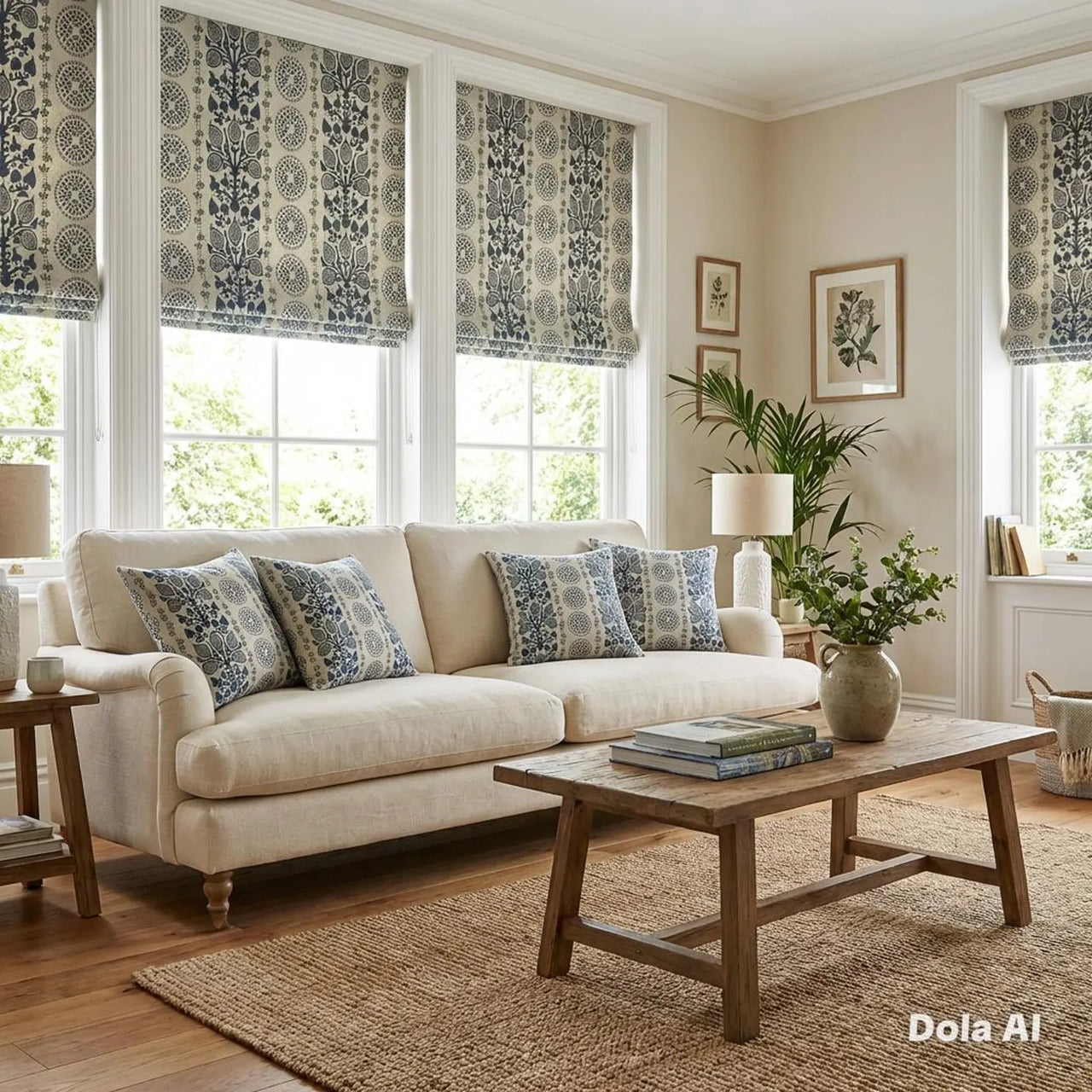 Blue botanical cushion cover with decorative medallions on a neutral linen-look background.