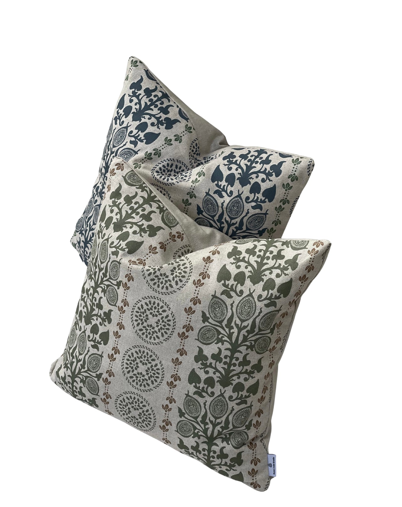 Blue farmhouse cushion cover with folk-inspired botanical stripe design on beige fabric.