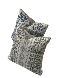 Thumbnail for Blue farmhouse cushion cover with folk-inspired botanical stripe design on beige fabric.
