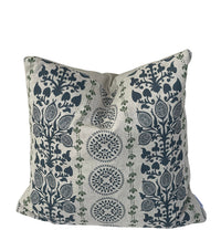 Thumbnail for Blue folk medallion cushion cover with botanical stripe design on natural linen-look fabric.