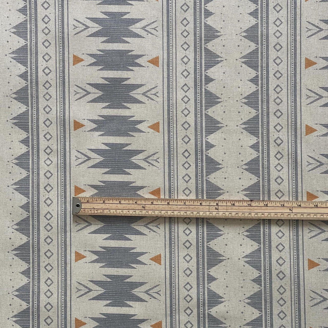 Blue grey tribal geometric fabric with linen look finish for upholstery use