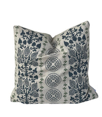 Thumbnail for Country style blue cushion cover with medallion and botanical motifs on textured neutral fabric.