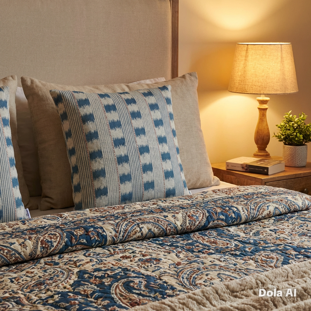 Blue stitch stripe cushion cover with alternating indigo bands and fine vertical lines.
