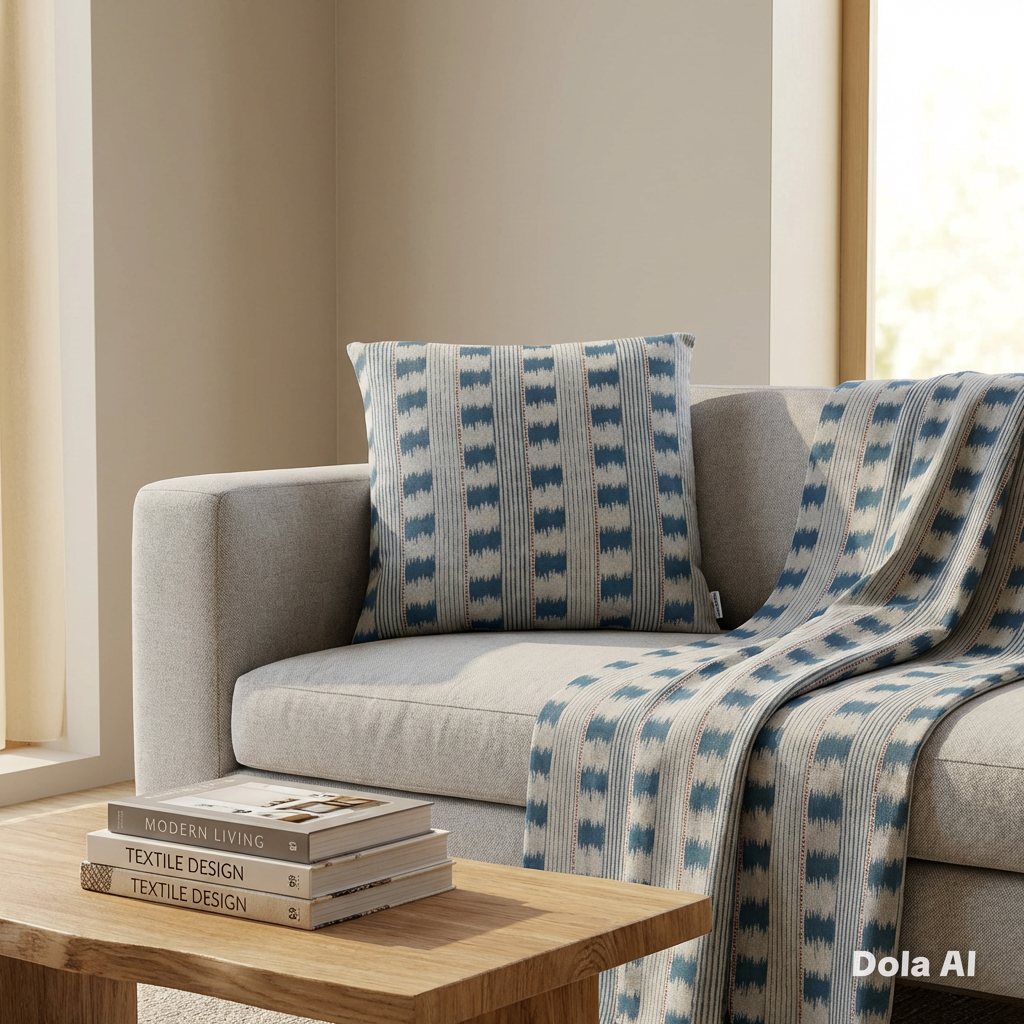 Blue striped cushion cover in cotton linen blend with natural cream background.