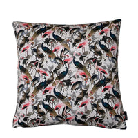 Thumbnail for Handmade Blush Crane Garden cushion cover featuring pink cranes, navy peacocks, grey herons and exotic birds on a neutral cotton blend fabric.
