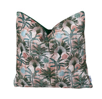 Thumbnail for Handmade blush pink tropical palm cushion cover featuring deep green jungle foliage, fan palms and soft teal botanical leaves on cotton blend fabric
