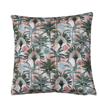 Thumbnail for Close-up of blush pink tropical cushion fabric showing detailed fan palms, exotic green foliage and soft teal leaves in a botanical jungle pattern.