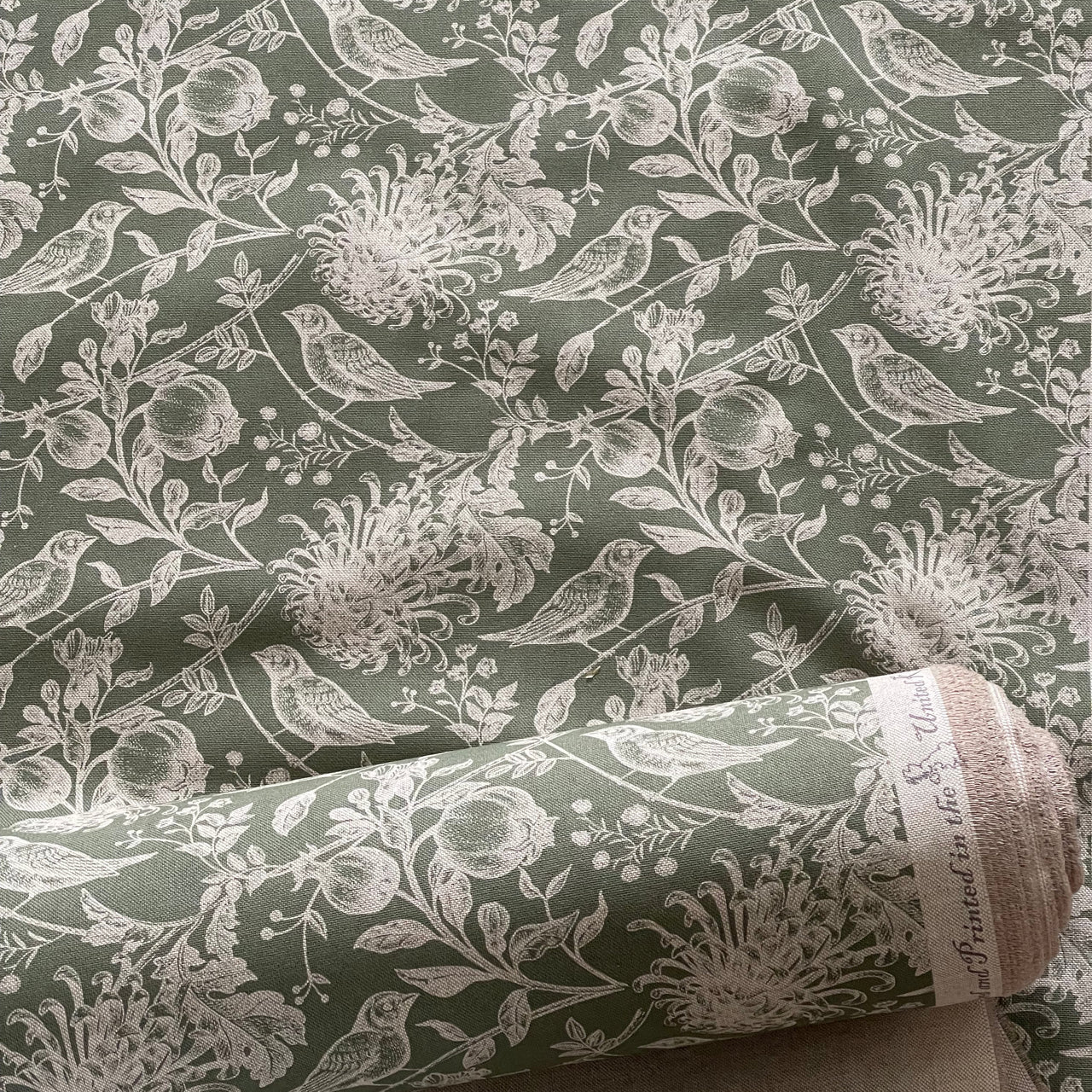 Robin bird botanical cotton fabric olive green floral pattern