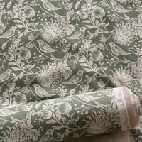 Thumbnail for Robin bird botanical cotton fabric olive green floral pattern