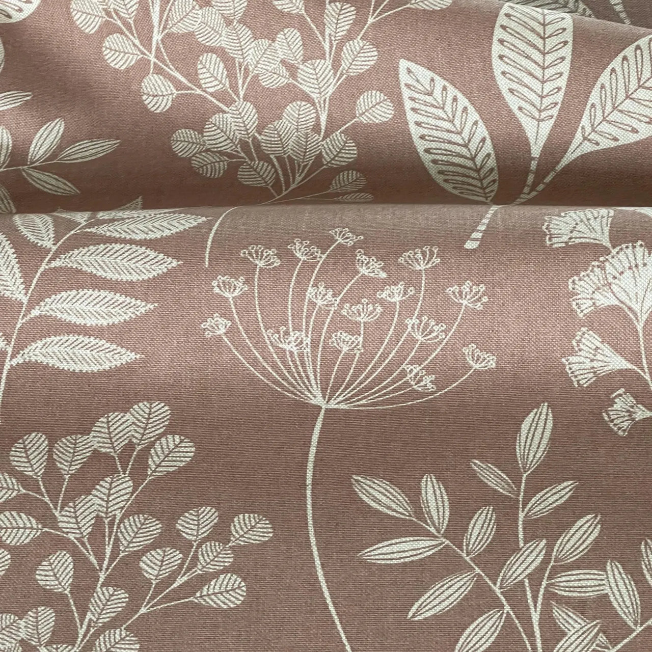 Blush pink floral upholstery fabric in cotton blend linen effect