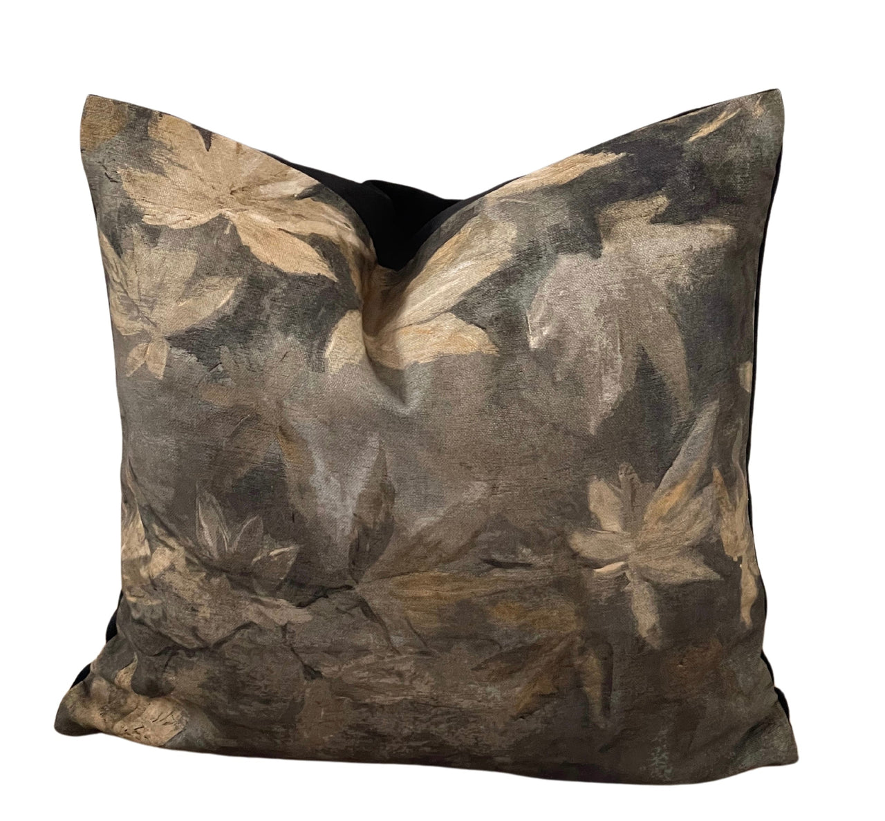 Artistic maple leaves cushion cover in black and mustard yellow