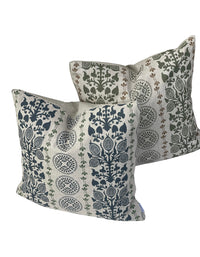 Thumbnail for Botanical medallion cushion cover in deep blue, soft grey and natural tones.