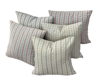 Thumbnail for Coordinating botanical stripe cushion covers in red, blue, green and ochre on natural fabric