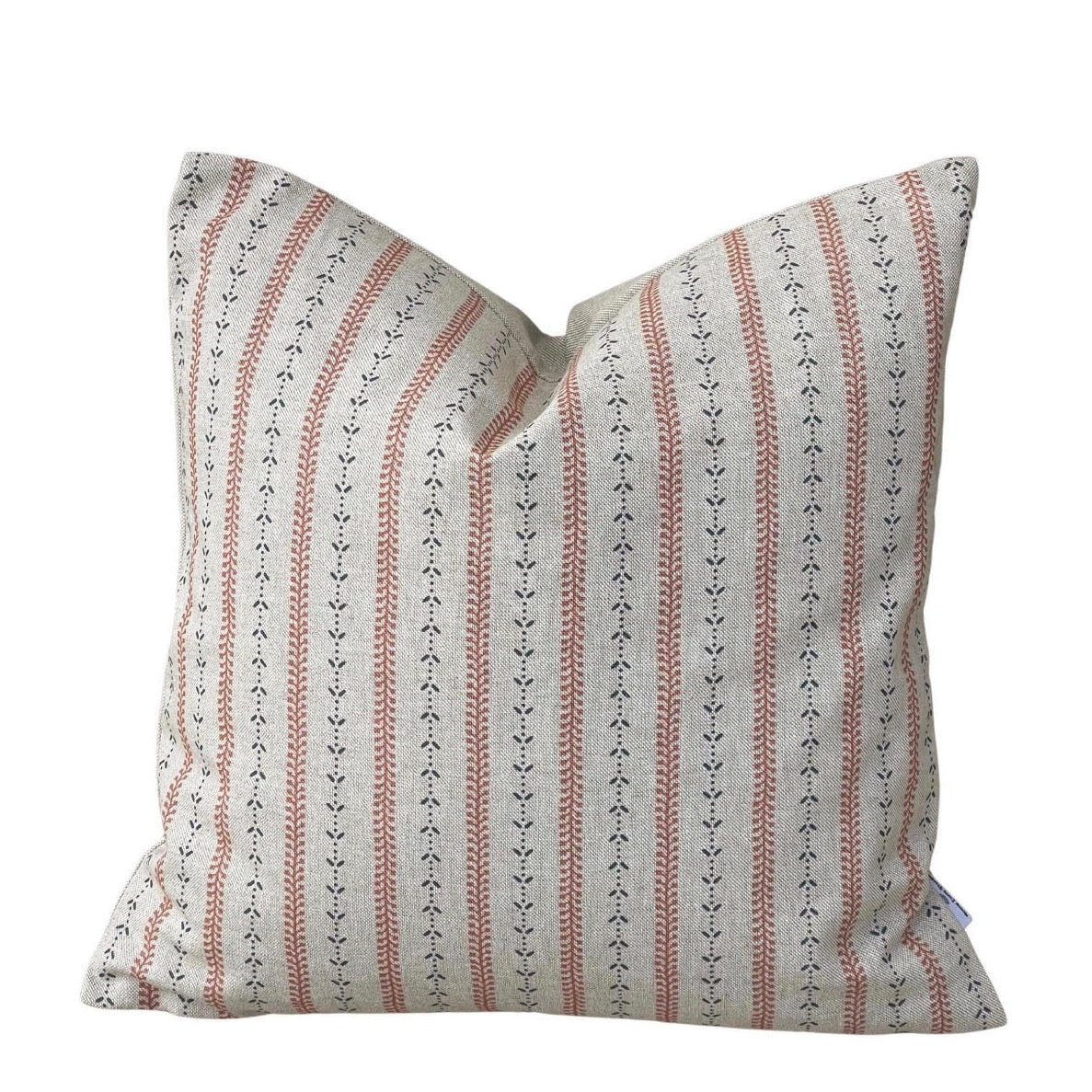 Botanical stripe cushion cover in indigo blue and muted red on natural beige
